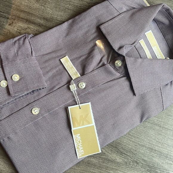Michael Michael Kors Houndstooth Non-Iron Dress Shirt-BORDEAUX-15.5-34/35 - Picture 2 of 3